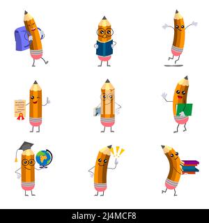 Ein Satz glücklicher Zeichentrickstifte mit Büchern, Rucksack, Brille, Abschlusskappe. Humorisierte lustige Bleistifte lächeln, zwinkern, geben dem Schieß los.. vektor illustriert Stock Vektor