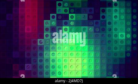 Grüner und blauer Hintergrund in Abstraktion. Bewegung. Kleine Quadrate in der Geometrie bilden das Mosaik und leuchten in verschiedenen Schattierungen. Stockfoto