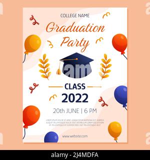 Abschlussfeier Poster Einladung mit Mütze, Ballonen, Ästen. Vektor-Layout-Vorlage. Einladung zur Abschlussfeier. Flyer für Studenten. Stock Vektor