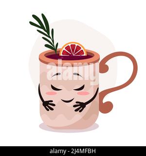 Vector große braune Tasse mit heißem Getränk. Glühwein mit Rosmarin und Orange. Lustige Cartoon Tasse Charakter mit Lächeln. Stock Vektor
