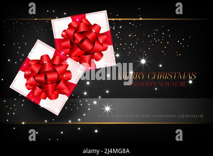 Frohe Weihnachten mit Geschenkschachteln im Poster-Design. Inschrift mit Geschenkschachteln in roten Knoten auf schwarzem Hintergrund. Kann für Poster, Banner, gree verwendet werden Stock Vektor