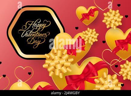 Happy Valentines Day Schriftzug im Rahmen auf rosa Hintergrund. Inschrift mit Herzen mit roten Bändern und Schleifen. Valentinstag. Beschriftung kann sein Stock Vektor