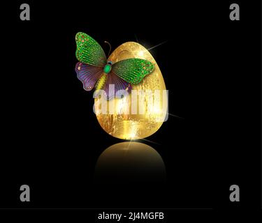 Realistisches goldenes Ei mit Luxus-Schmetterling, Ostern Konzept Vektor-Illustration isoliert auf schwarzem Hintergrund Stock Vektor