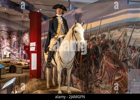 Historische Darstellung von George Washington zu Pferd im Besucherzentrum im Valley Forge National Historical Park in King of Prussia, Pennsylvania. Stockfoto