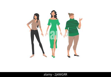 Drei Frauen, die verschiedene Stile und Körpertypen repräsentieren. Kleidung, Stil, Figur. Kann für Themen wie Mode, Größen, Körperunterschiede verwendet werden. Stock Vektor