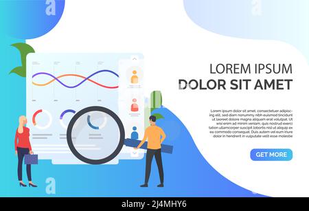 Geschäftsleute mit Vergrößerungsglas bei der Abbildung von Kartenvektoren. Balance, Audit, Buchhaltung. Marketingkonzept. Kreatives Design für Layouts, Web pa Stock Vektor