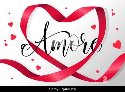 Amore Schriftzug in rotem herzförmigem Bändchenrahmen. Grußkarte zum Valentinstag. Handgeschriebener Text, Kalligraphie. Für Broschüren, Broschüren, invitati Stock Vektor