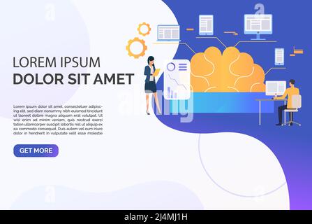 Geschäftsleute arbeiten, Gehirn, Diagramm, Geräte und Beispieltext. Internet, Management, Analytics-Konzept, Präsentationsfolie Vorlage. Kann verwendet werden für Stock Vektor