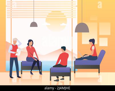 Geschäftsleute sitzen in der Bürolounge. Diskussion, Sitzung, Gruppentherapie. Tagungskonzept. Vektorgrafik kann für Themen wie Business verwendet werden Stock Vektor