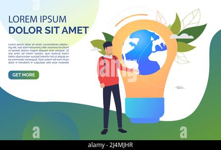 Mann mit Rucksack, Glühbirne, Erde, Blättern und Beispieltext. Innovation, Tourismus, Umweltkonzept. Vorlage für Präsentationsfolie. Vektor illustrr Stock Vektor