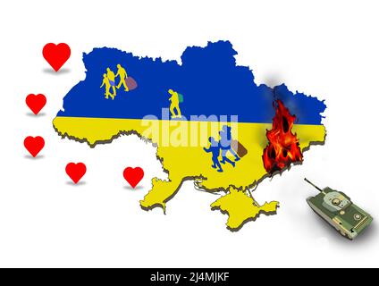 ukrainische Flüchtlinge bewegen sich für russischen Panzerangriff in mariupol Illustration Stockfoto