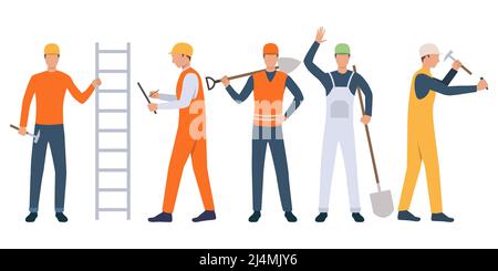 Satz von Bauherren, Vorarbeiter und Handwerker halten Werkzeuge und arbeiten. Gruppe von Männern in Uniform. Vektor-Illustration für die Bauarbeit Präsentation Folie Stock Vektor