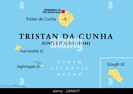 Tristan da Cunha, unzugänglich, Nightingale und Gough Island politische Karte. Abgelegene Gruppe vulkanischer Inseln im Südatlantik. Stockfoto