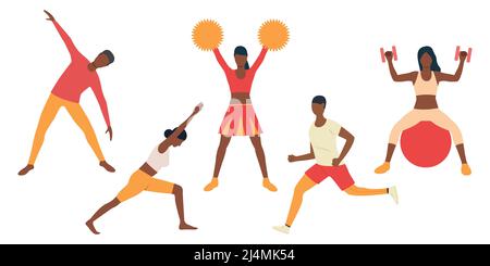 Eine Gruppe von Cheerleadern, die sich auf die Leistung vorbereiten. Junge Afrikaner in gelber und korallenroter Kleidung trainieren. Vektorgrafik kann für den Zug verwendet werden Stock Vektor