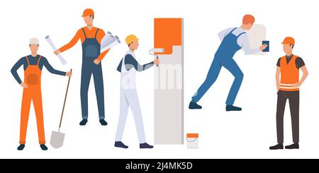 Baumeister, Maler, Handwerker und Architekt arbeiten. Gruppe von Männern, die Uniform tragen und Werkzeuge halten. Vektor-Illustration für Bauarbeiten voren Stock Vektor