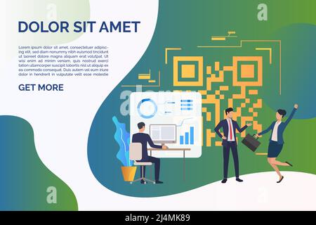 Fröhliche Geschäftsleute im Büro, QR-Code und Beispieltext. Identifikation, Workflow, Analysekonzept. Vorlage für Präsentationsfolie. Vektorgrafik Stock Vektor