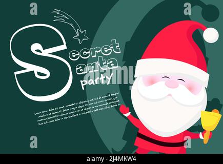 Secret Santa Party Banner mit niedlichen Weihnachtsmann klingelt Glocke und tanzen auf grünem Hintergrund. Schriftzüge mit realistischen Elementen können für die Invita verwendet werden Stock Vektor