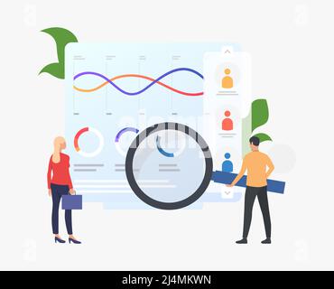 Geschäftsleute mit Lupe an Diagrammen Vektorgrafik. Workflow, Daten, Jahresbericht. Marketingkonzept. Kreatives Design für Layouts, w Stock Vektor