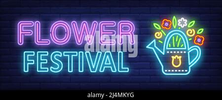 Blumenfest Neontext mit Blumen im Gießkanne. Frühlingsfest-Design. Nachts helles Neonschild, bunte Plakatwand, Lichtbanner. Vektor-il Stock Vektor