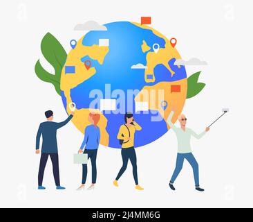 Globus und Menschen mit Gadgets Vektor Illustration. Verbindung, Vernetzung, Globalisierung. Globales Kommunikationskonzept. Design für Website-Vorlagen, Stock Vektor
