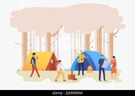 Touristen mit Zelten am Campingplatz Vektor-Illustration. Wochenende im Freien, Camping, Wandern. Tourismuskonzept. Design für Website-Vorlagen, Poster, Banner Stock Vektor