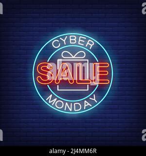 Cyber Monday Sale Neon-Text im Kreis. Shopping, Rabatt, Technologie-Design. Nachts helles Neonschild, bunte Plakatwand, Lichtbanner. Vektor illustrr Stock Vektor