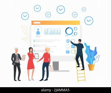 Geschäftsleute, die dem Kunden das Dokument vorzeigen. Computer, Profil, Diagramm. Beschäftigungskonzept. Vektorgrafik kann für Themen wie Headhuntin verwendet werden Stock Vektor