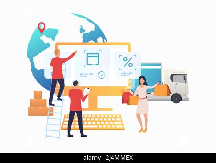 Designer arbeiten auf Internet-Shop-Website. Computer, professionelles Team, Frau mit Einkaufstasche. Online-Shop-Konzept. Vektorgrafik kann verwendet werden Stock Vektor
