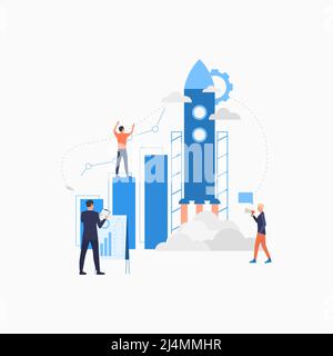 Flaches Startsymbol. Sprecher, Präsentation, Team, Rakete. Geschäftskonzept. Kann für Themen wie Investitionen, neue Ideen, Projektstart verwendet werden Stock Vektor