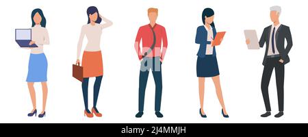 Gruppe von jungen Unternehmerinnen und Unternehmerinnen. Eine Gruppe von Geschäftsleuten mit Dokumenten und Geräten. Vektorgrafik kann für die Präsentation verwendet werden, com Stock Vektor