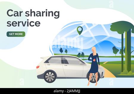 Car-Sharing-Service Schriftzug, Frau, Auto und Landschaft. Transport, Fahrzeugkonzept. Vorlage für Präsentationsfolie. Vektorgrafik kann für verwendet werden Stock Vektor