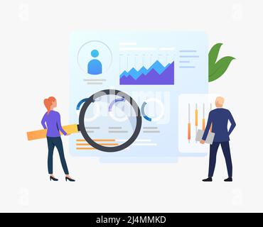Geschäftsleute mit Lupe auf Karten Vektorgrafik. Business Research, Analyse, Audit. Marketingkonzept. Kreatives Design für Layouts Stock Vektor