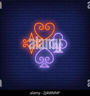 Spielkarte passt zu Neon-Schild. Spiel- und Pokerclub-Design. Nachts helles Neonschild, bunte Plakatwand, Lichtbanner. Vektorgrafik in Neon st Stock Vektor