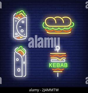 Döner Kebab und Shawarma Neon-Schilder gesetzt. Snack, Mahlzeit, Food Design. Nachts helles Neonschild, bunte Plakatwand, Lichtbanner. Vektorgrafik in ne Stock Vektor