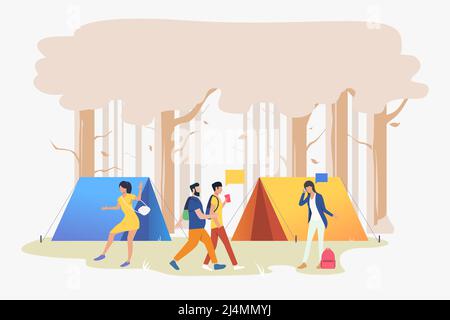 Junge Menschen auf dem Campingplatz in Holz Vektor-Illustration. Picknick, Wochenende im Freien, Festival. Tourismuskonzept. Design für Website-Vorlagen, Poster, banne Stock Vektor