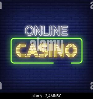 Online Casino Neon Text im Rahmen. Casino-Werbedesign. Nachts helles Neonschild, bunte Plakatwand, Lichtbanner. Vektorgrafik in Neon s Stock Vektor