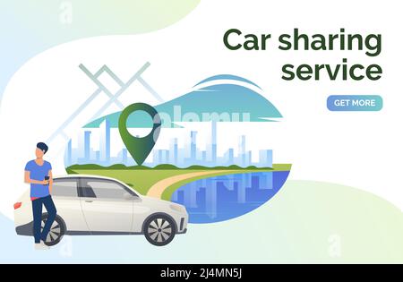 Car-Sharing-Service Schriftzug, Mann, Auto und Stadtbild. Transport, Fahrzeugkonzept. Vorlage für Präsentationsfolie. Vektorgrafik kann für bis verwendet werden Stock Vektor