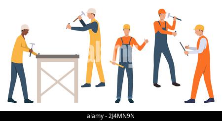 Satz von Arbeitern in Hardhats. Cartoon männliche Charaktere mit Hämmern auf weißen Hintergründen. Vektorgrafik kann für die Präsentation verwendet werden, Gehäuse proj Stock Vektor
