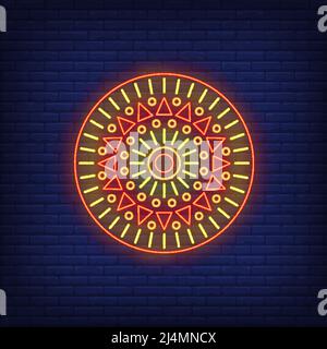 Rundes afrikanisches Motiv Mandala Neonschild. Muster, Ethno-Ornament, Dekor-Design. Nachts helles Neonschild, bunte Plakatwand, Lichtbanner. Vektorillust Stock Vektor