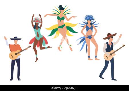 Sammlung von Festivalteilnehmern in Rio de Janeiro. Gruppe von Tänzern an der jährlichen brasilianischen Karneval. Vektor-Illustration für Banner, Werbespot, Geschenk Stock Vektor
