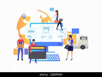 Team des Online-Shops, das mit dem Kunden zusammenarbeitet. Kauf, Marketing, Beratung, Lieferung. Online-Shop-Konzept. Vektorgrafik kann für Themen l verwendet werden Stock Vektor