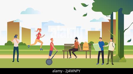 Menschen, die Sport treiben und sich im Sommer im Stadtpark entspannen. Entspannung, Aktivität, Lifestyle-Konzept. Kann für Themen wie Sommer, Freizeit, Natur verwendet werden Stock Vektor