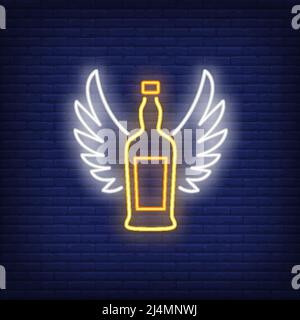 Whiskey-Flasche mit Engelsflügeln, Neonschild. Alkoholische Getränke, Bar und Party-Design. Nachts helles Neonschild, bunte Plakatwand, Lichtbanner. Vektor-Abb. Stock Vektor