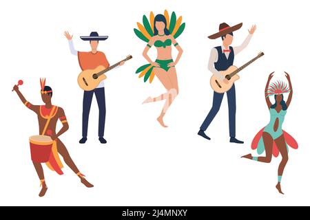 Sammlung von Musikern an brasilianischen Karneval. Glückliche Männer und Frauen in traditionellen Kostümen bei traditionellen jährlichen Feierlichkeiten. Vektorgrafik für Stock Vektor
