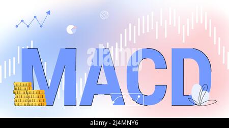MACD Moving Average Convergence Divergence indicator technische Analyse Aktien- und Kryptowährungsdiagramm, Forex-Analysen und Trading-Markt ch Stock Vektor
