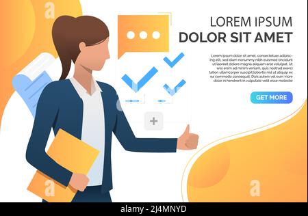 Frau zeigt Daumen nach oben und empfiehlt Business-Produkt. Vertreter, Empfehlungskonzept. Vorlage für Präsentationsfolie. Vektorgrafik für Stock Vektor