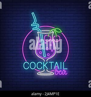 Cocktailbar mit Neontext, Getränk mit Stroh und Kirschen. Cocktailbar-Design. Nachts helles Neonschild, bunte Plakatwand, Lichtbanner. Vektorgrafik Stock Vektor