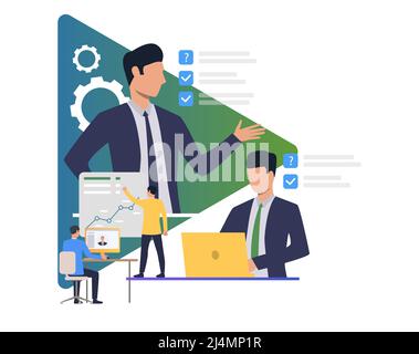 Mitarbeiter planen und objektiv machen. Chef, Manager, Online-Konferenz, Büro. Geschäftskonzept. Vektor-Illustration für Poster, Präsentation, neu Stock Vektor