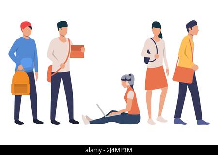 Sammlung von modernen Studenten mit Taschen. Gruppe junger Menschen in lässigen Outfits. Vektor-Illustration für High School, Präsentation, Studium Stock Vektor