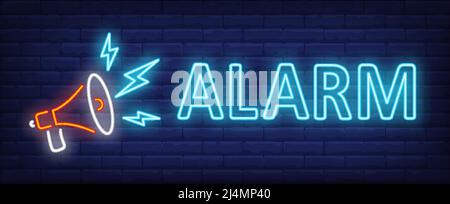 Alarm Neon Text mit Lautsprecher. Ankündigung, Marketing, Werbegestaltung. Nachts helles Neonschild, bunte Plakatwand, Lichtbanner. Vektorgrafik Stock Vektor